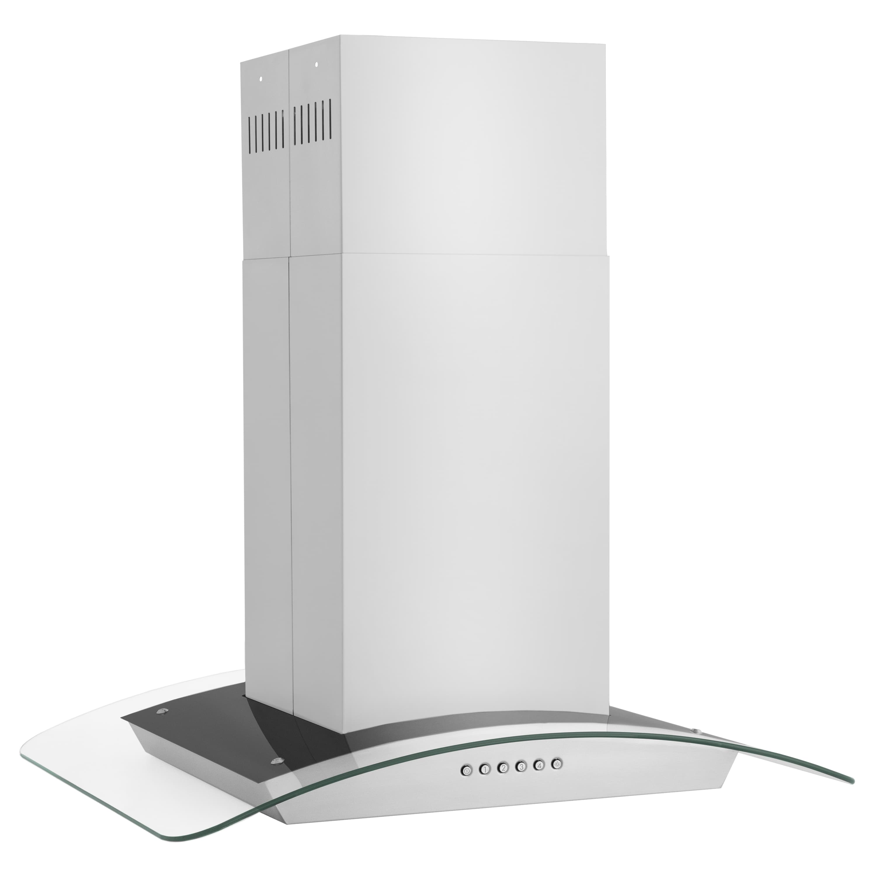 Stainless convertible island range hood with glass canopy and telescoping chimney