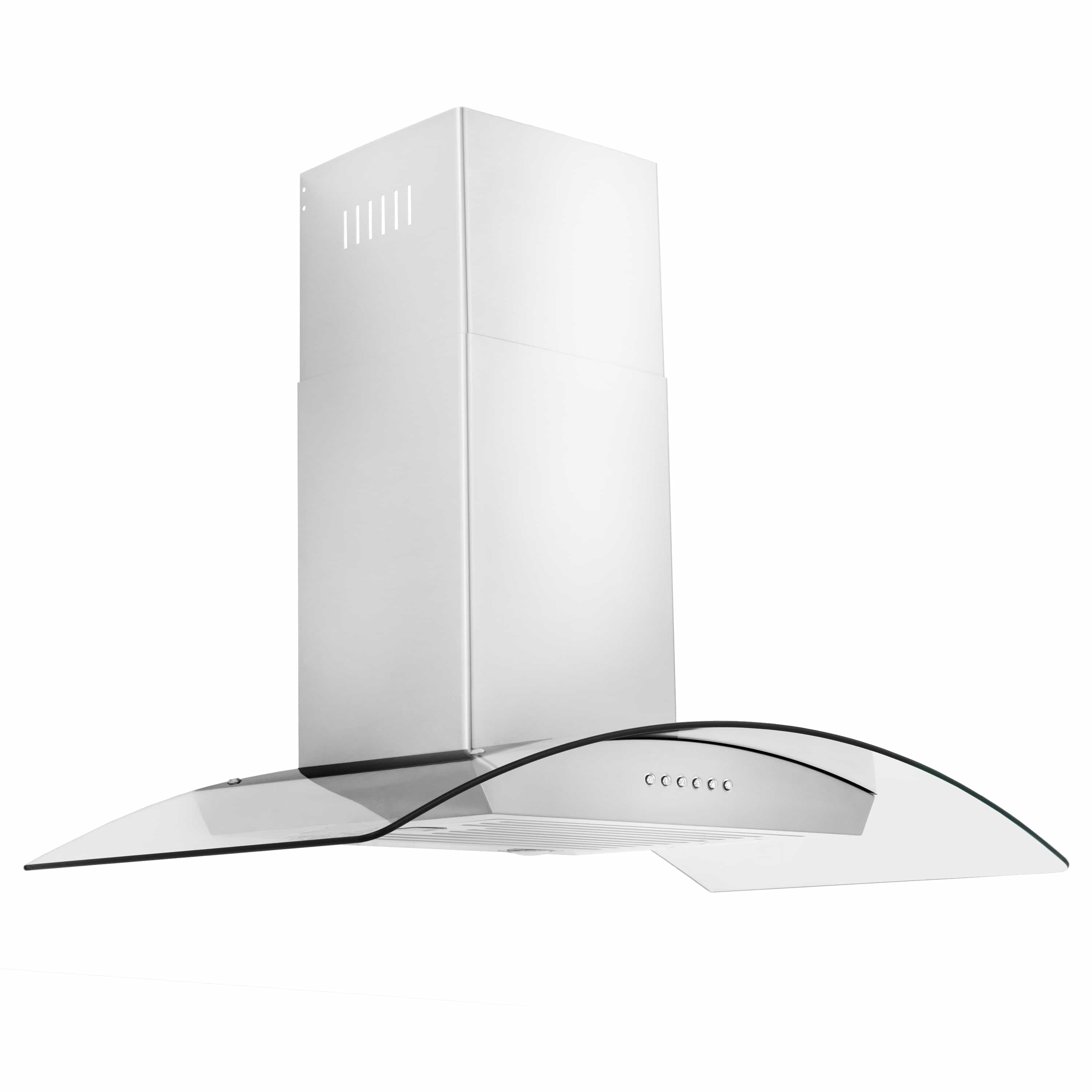 Stainless steel ducted wall mount range hood with chimney-style flue and curved canopy
