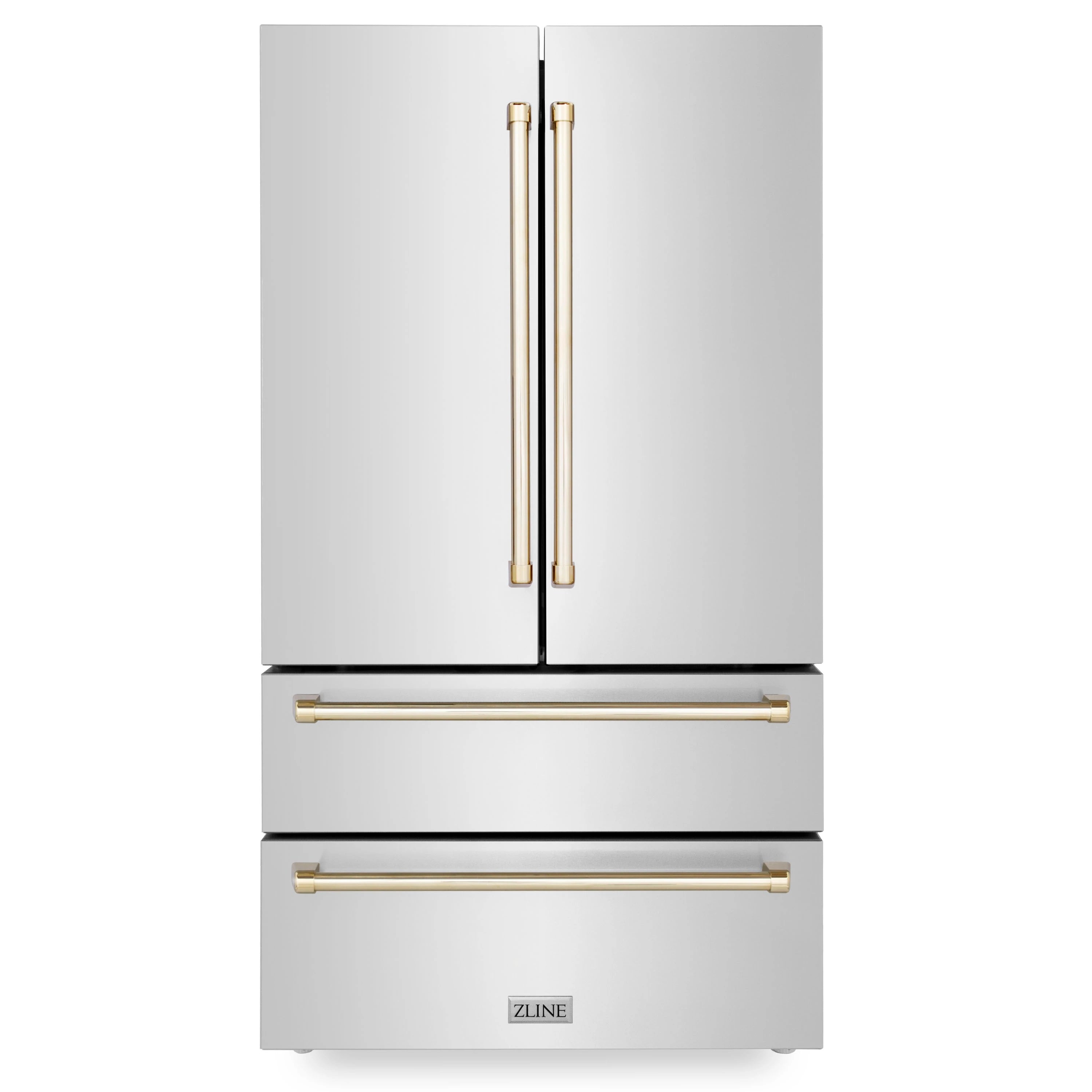 Stainless steel refrigerator front with closed doors, gold handles, and bottom drawer