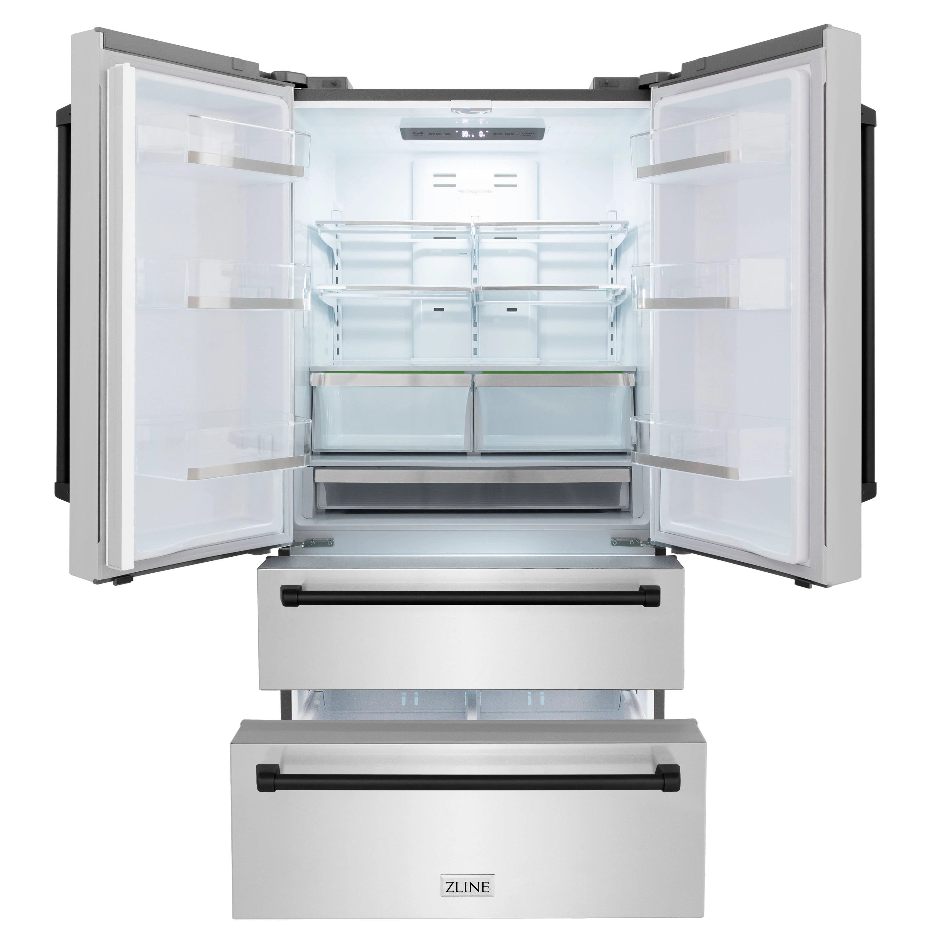 Stainless steel refrigerator with open doors and interior shelves and drawers visible