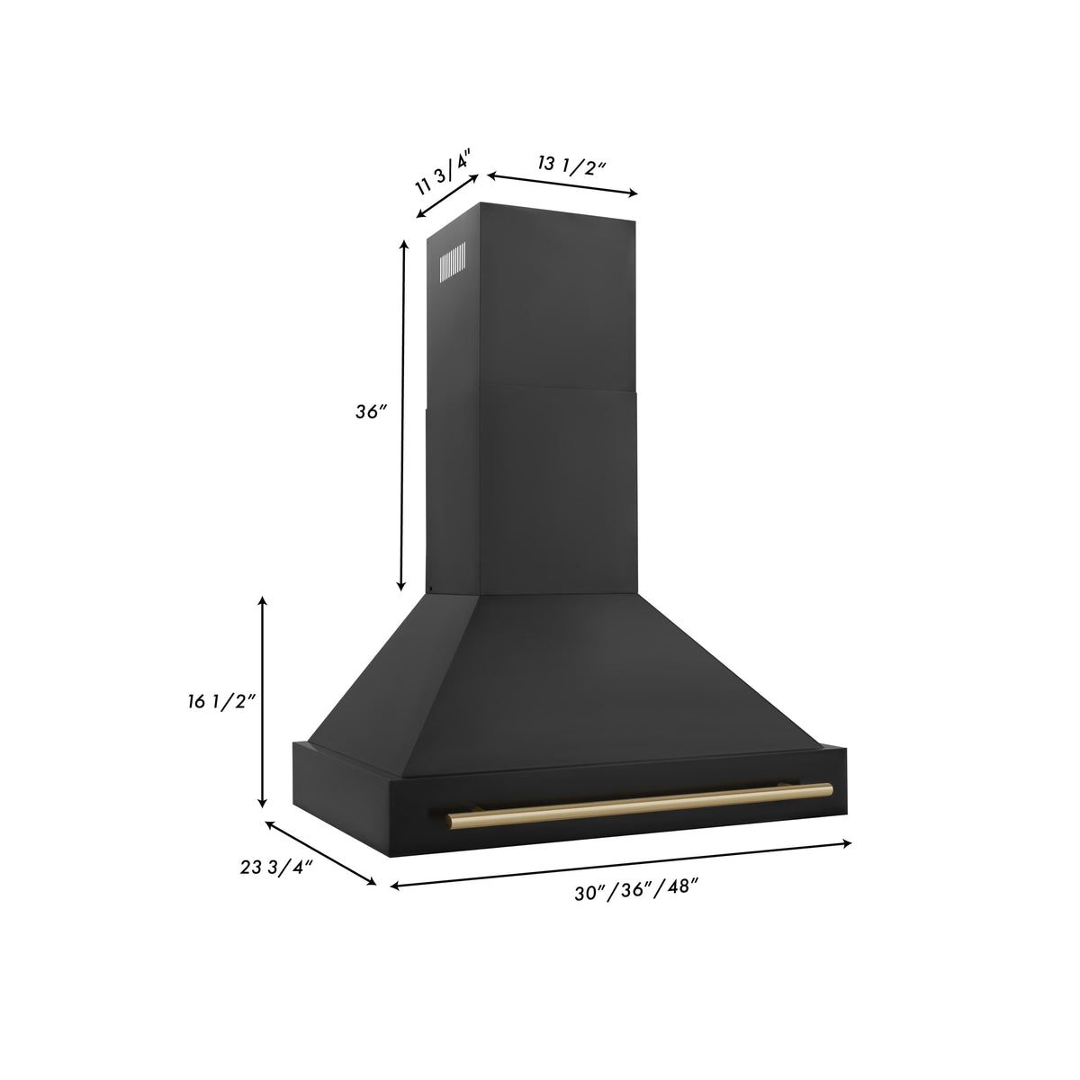 Black stainless steel wall mount range hood size diagram with champagne bronze handle