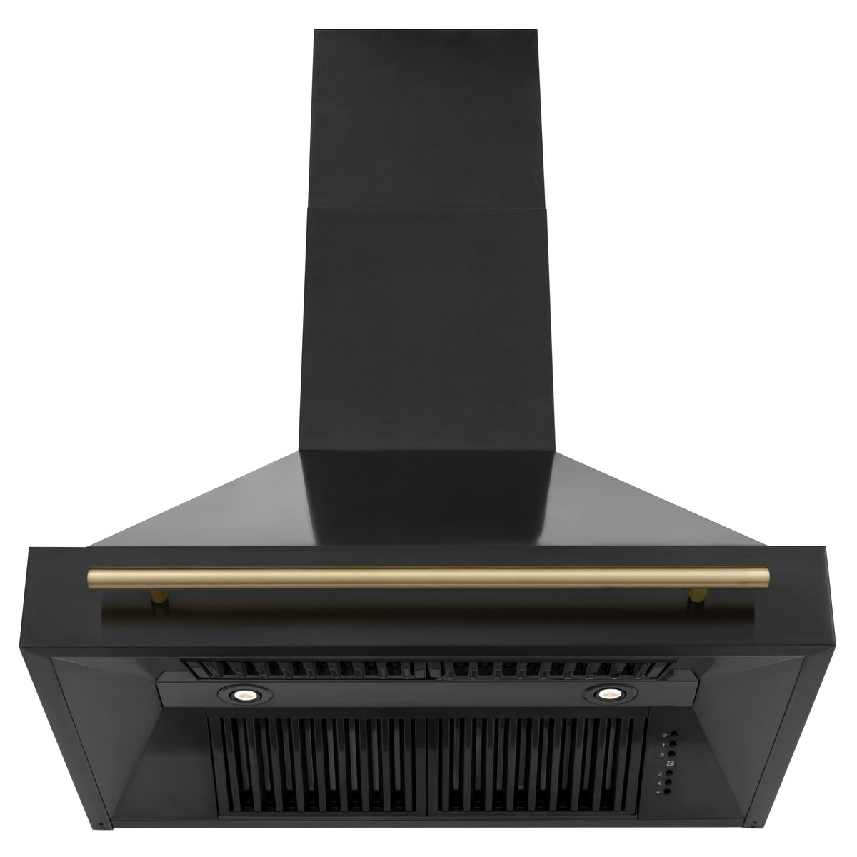 Black stainless steel wall mount range hood with champagne bronze bar handle