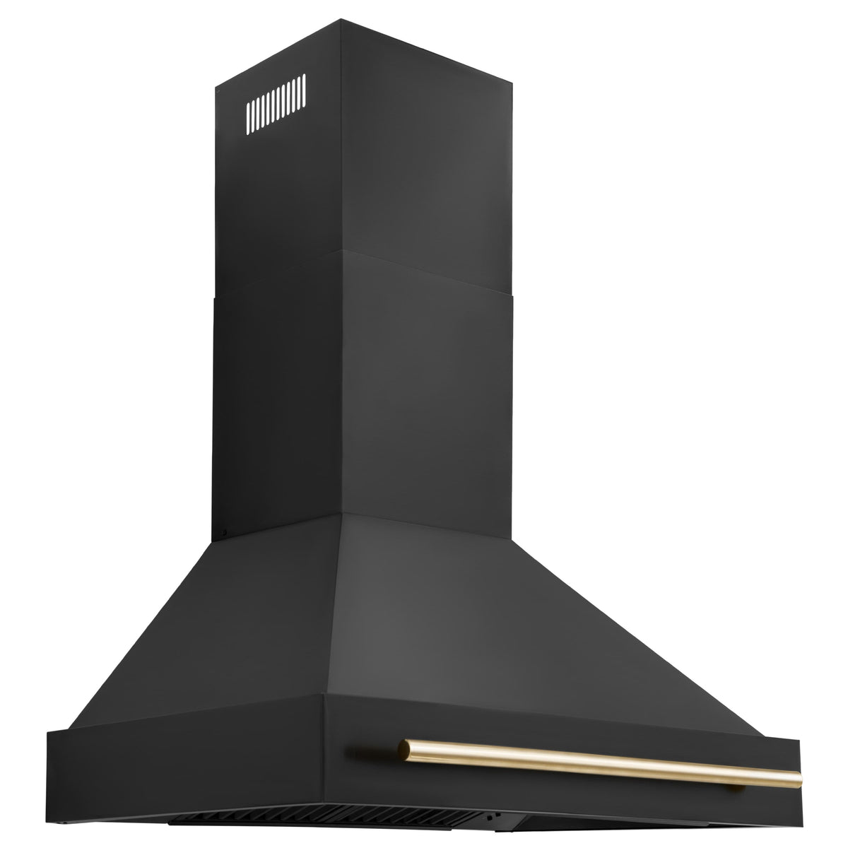 Black wall-mount range hood back view with gold trim bar