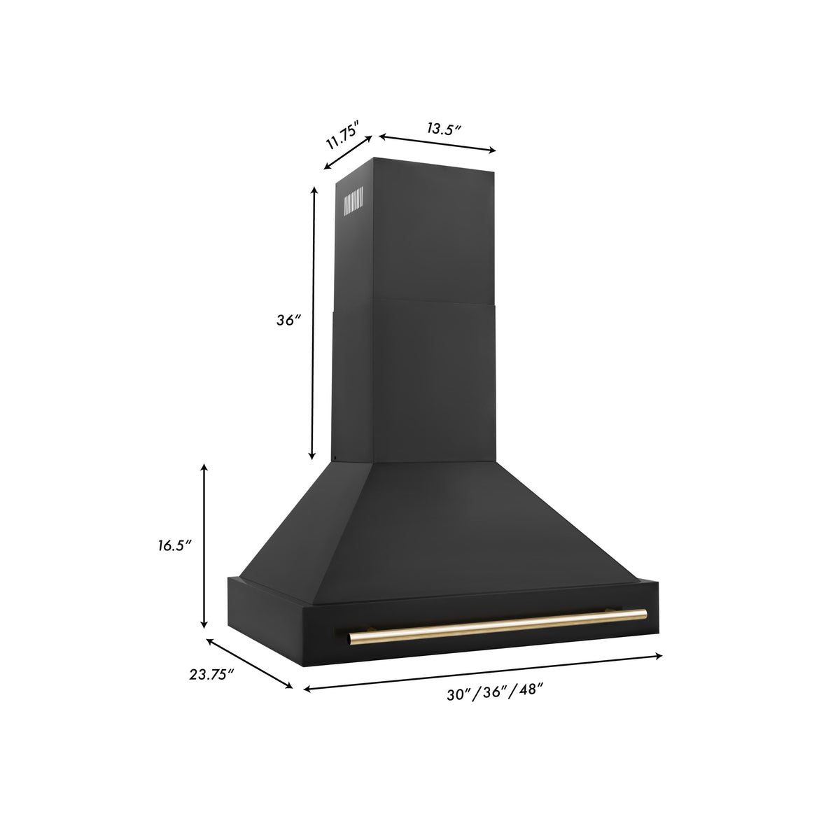 Black wall-mount range hood dimension diagram with gold-trimmed vent