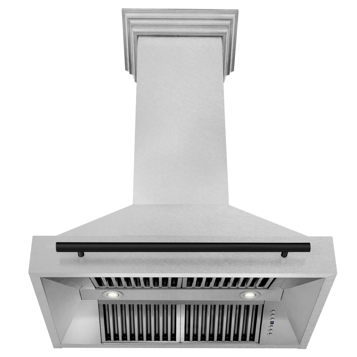 Front view of satin stainless range hood with matte black handle and vent panel