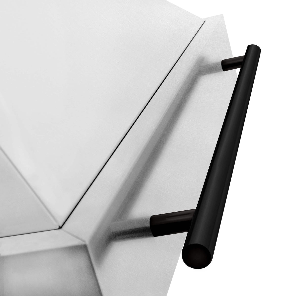 Matte black cylindrical handle on satin stainless chimney hood