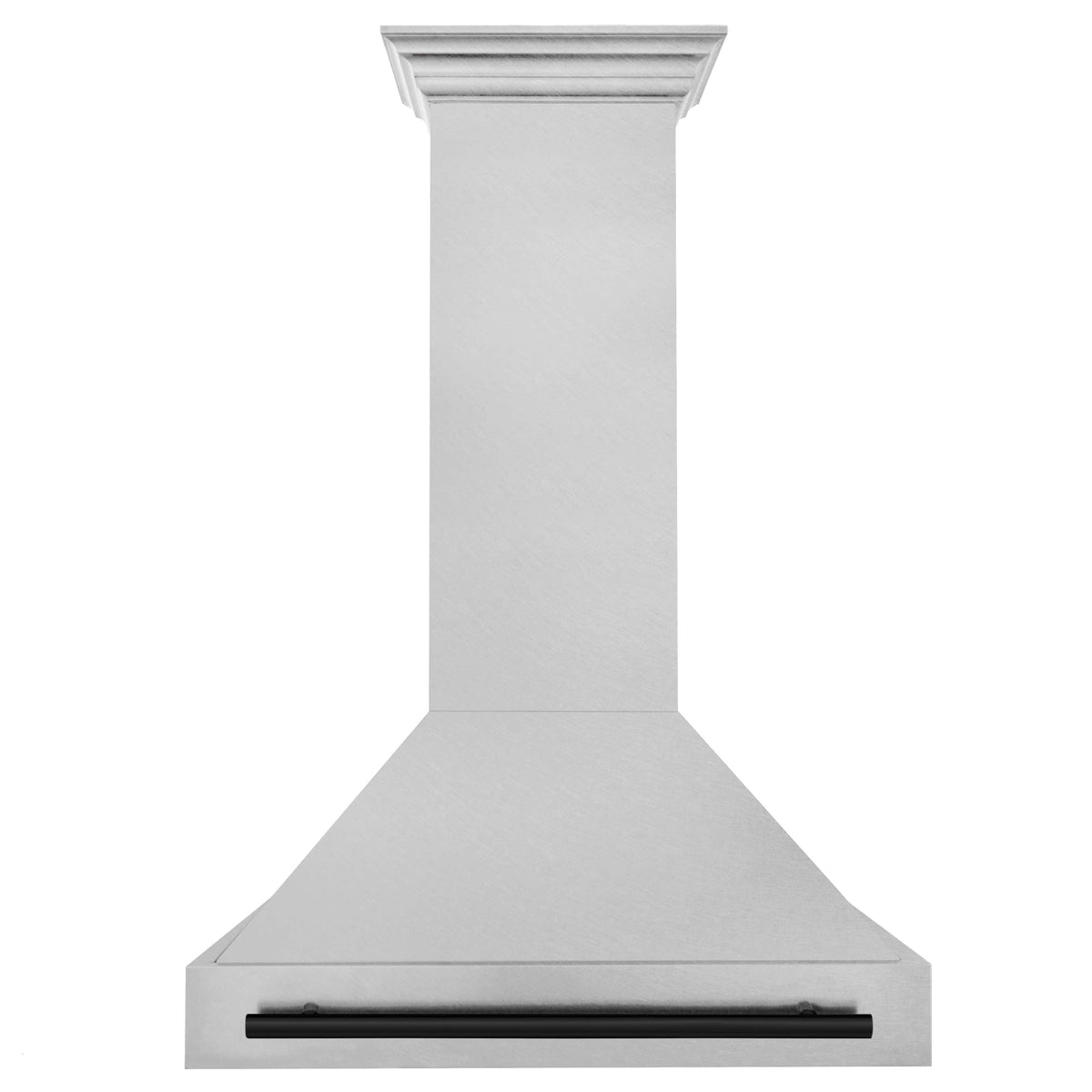 Satin stainless wall mount range hood with matte black handle bar