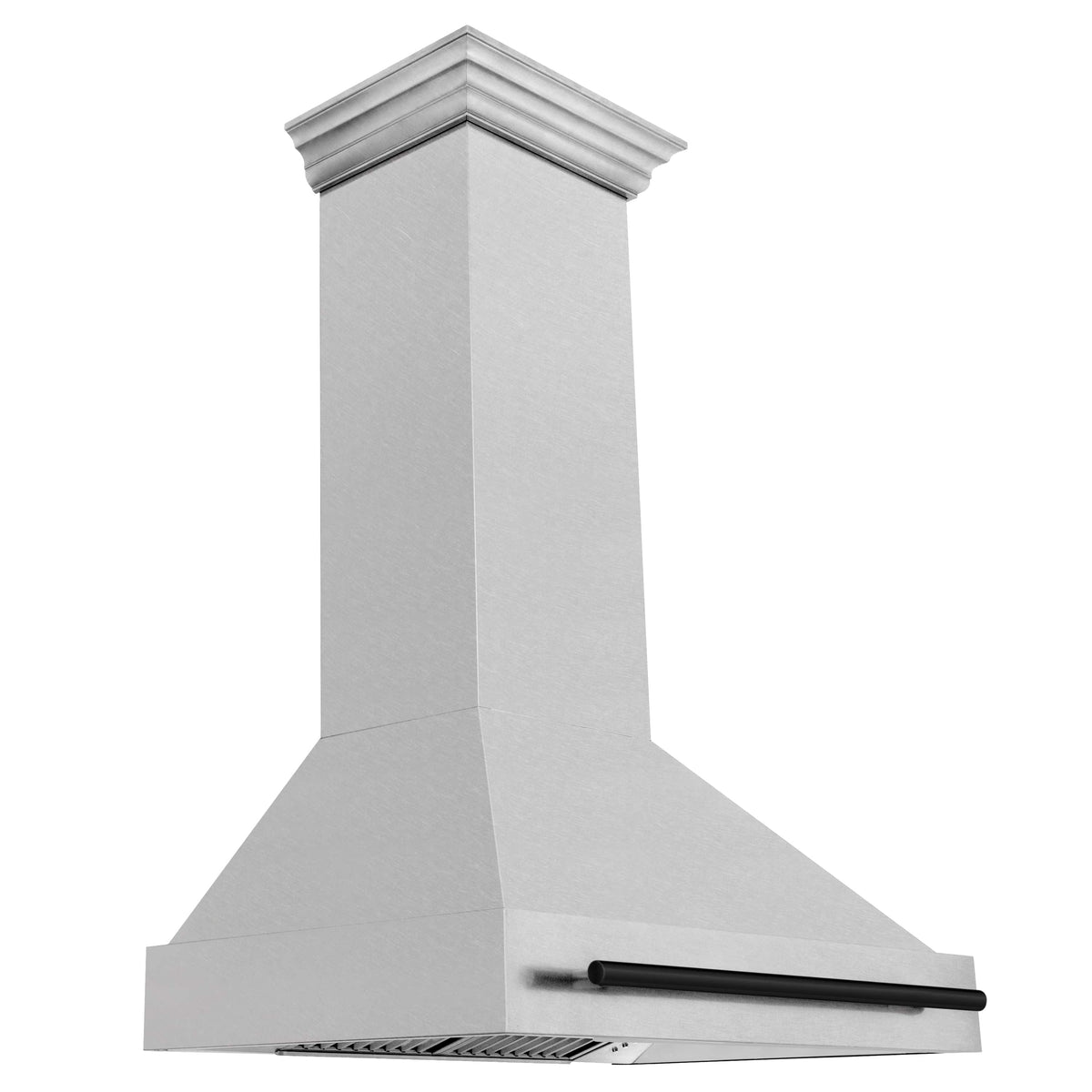 Satin stainless wall mount range hood with matte black handle and vent opening