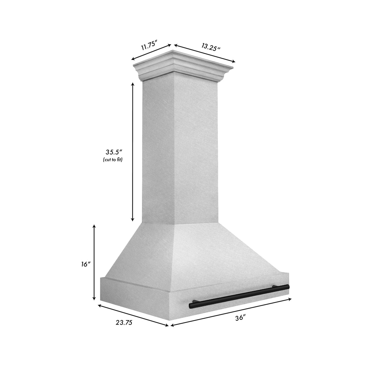 Satin stainless steel wall mount range hood with matte black handle, chimney shape