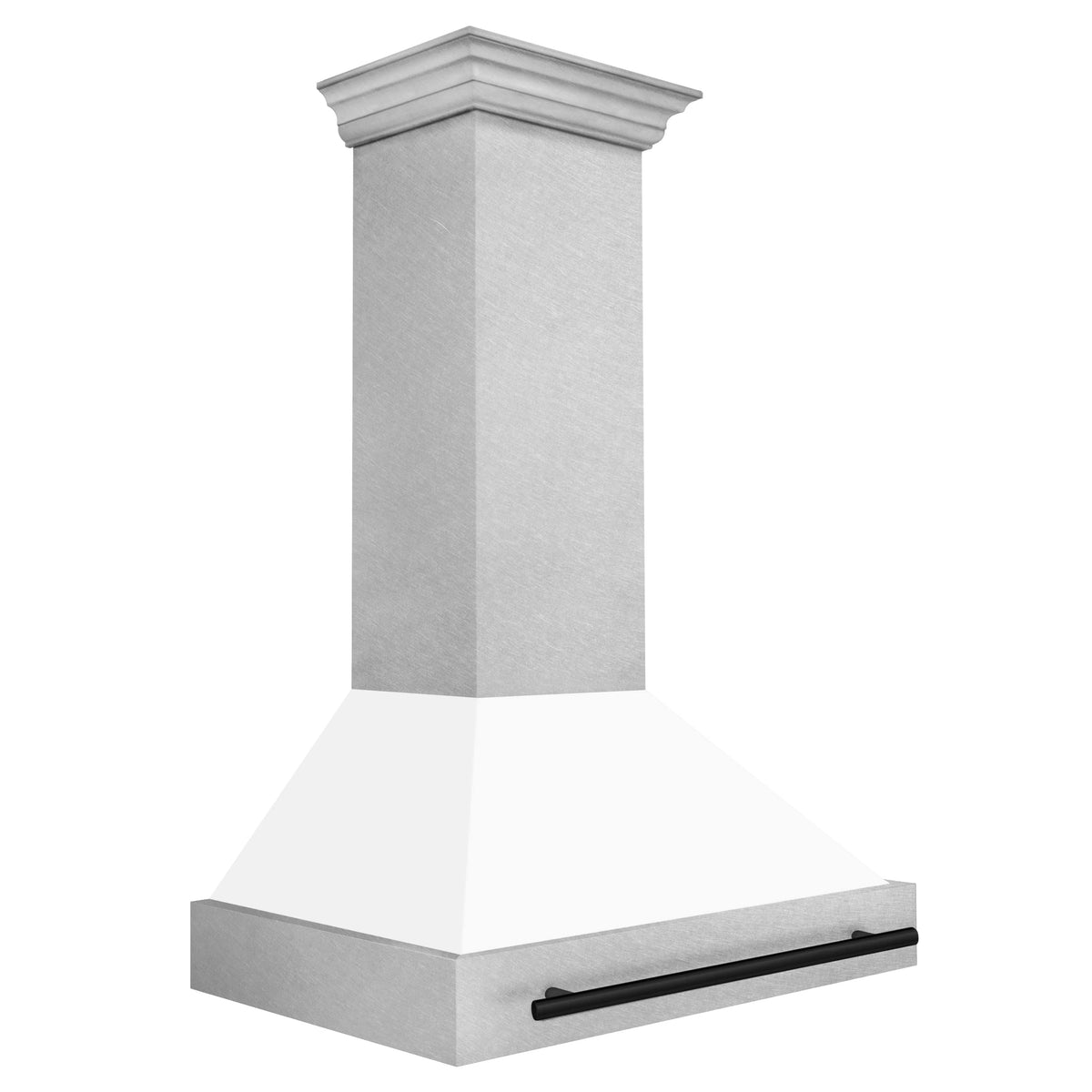 Wall mount range hood front view with satin stainless chimney and matte black bar handle