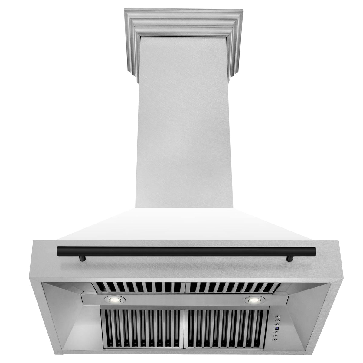 Wall mount range hood with satin stainless chimney and matte black bar handle