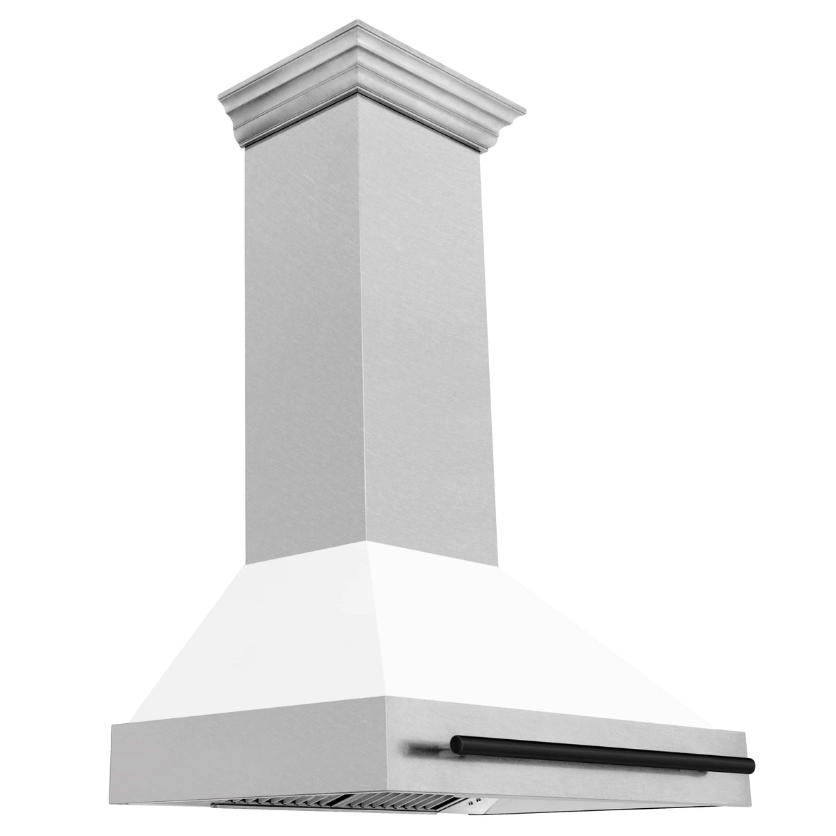 Wall mount range hood angled view with satin stainless chimney and matte black bar handle