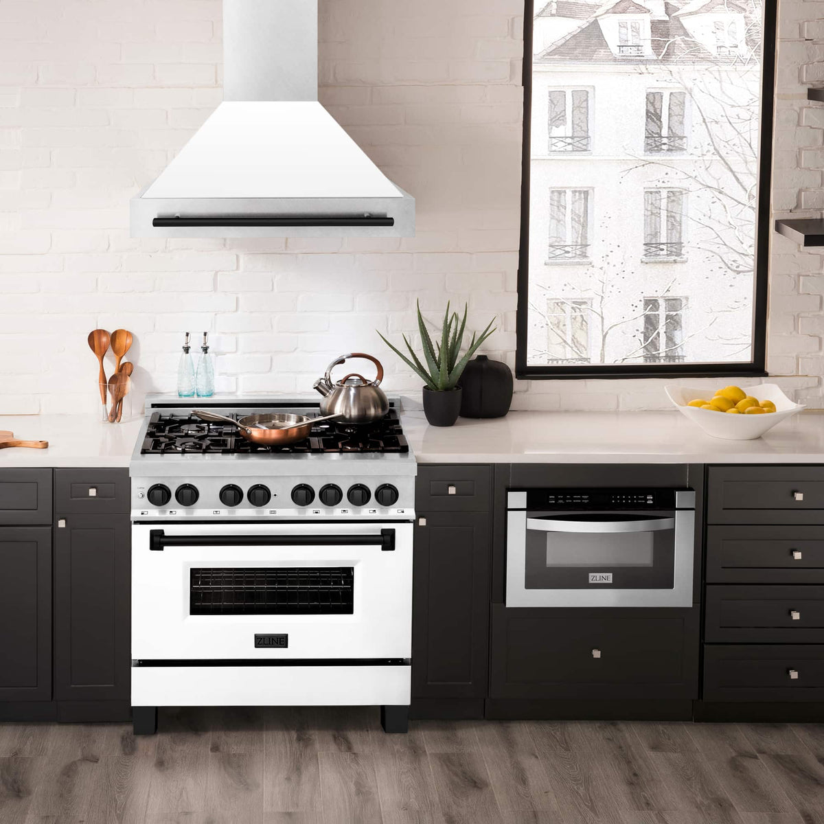 Wall mount range hood with satin stainless chimney, matte black handle, and vent panel