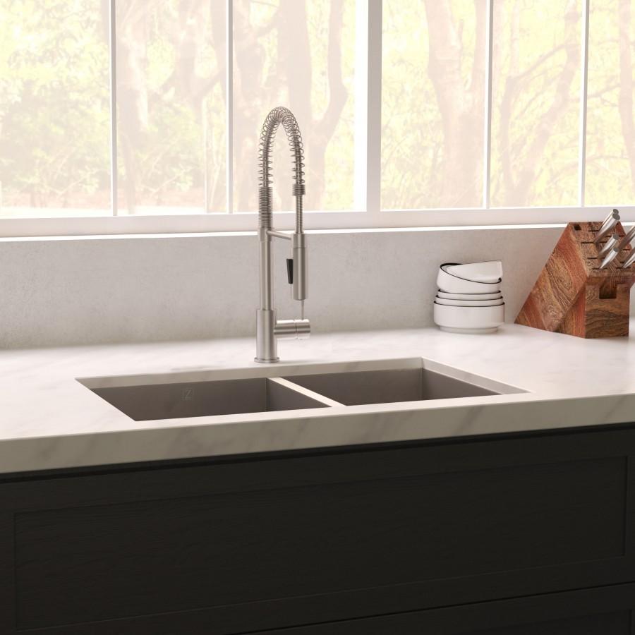 Undermount double-bowl stainless sink with pull-down faucet and sink basin