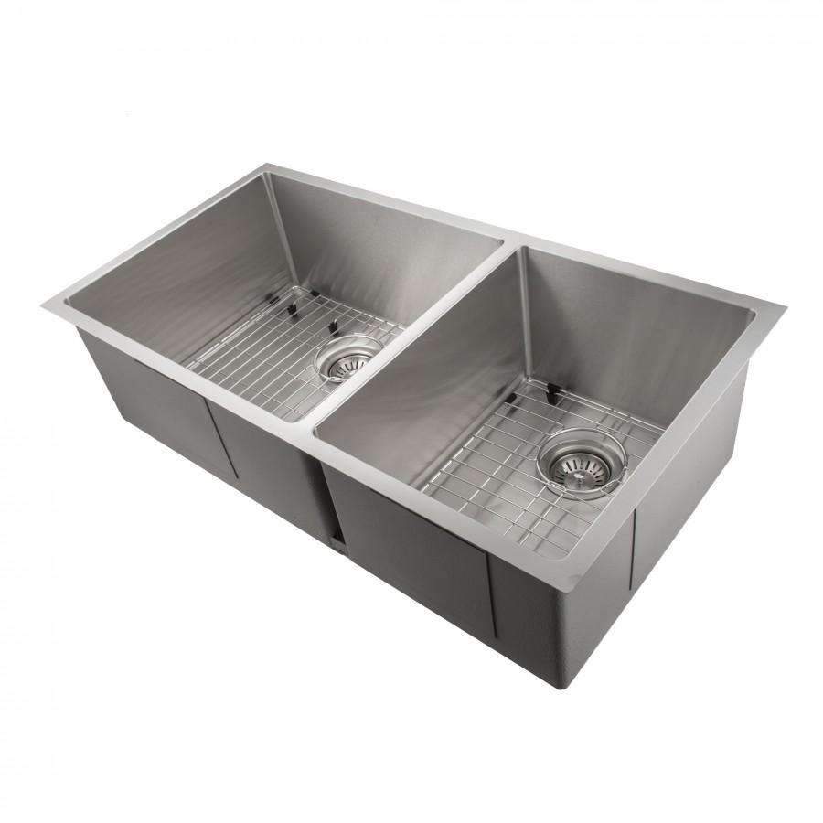 Stainless steel double-bowl undermount kitchen sink with bottom grids and drains