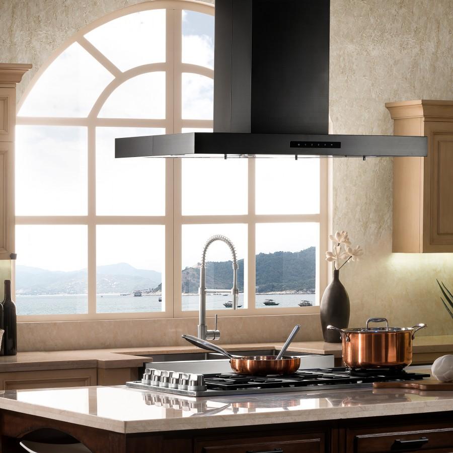 Black stainless steel island range hood with chimney stack and front vented canopy