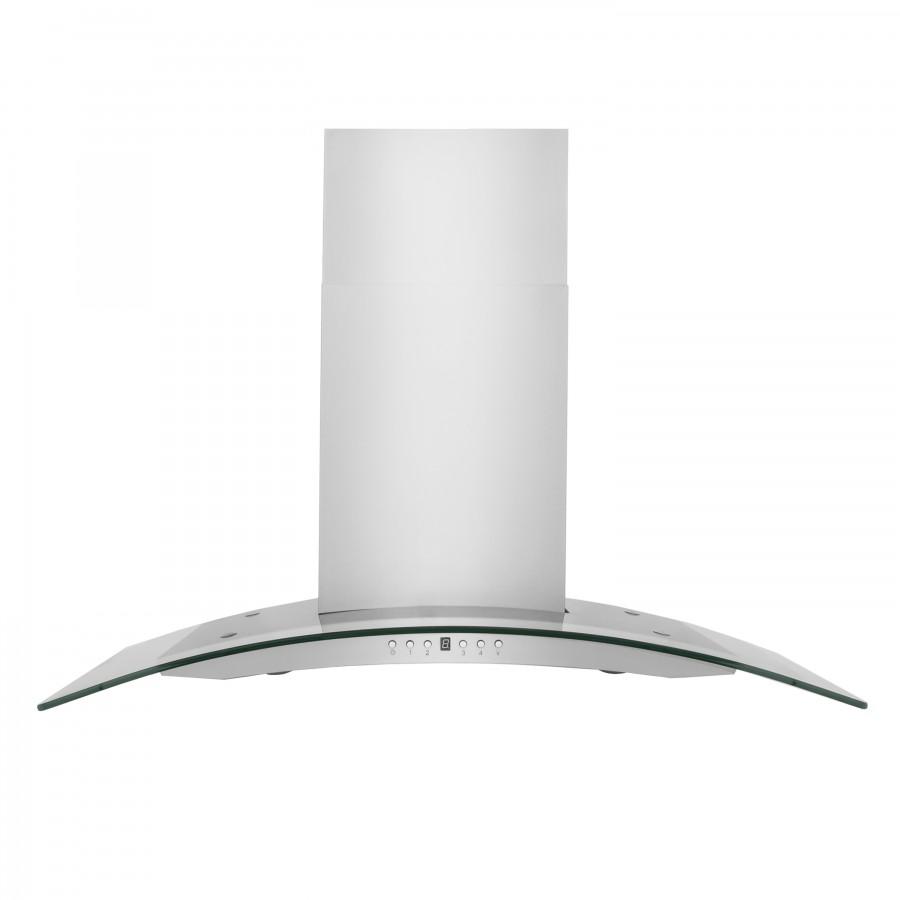 Wall mount range hood with curved glass canopy and stainless steel chimney