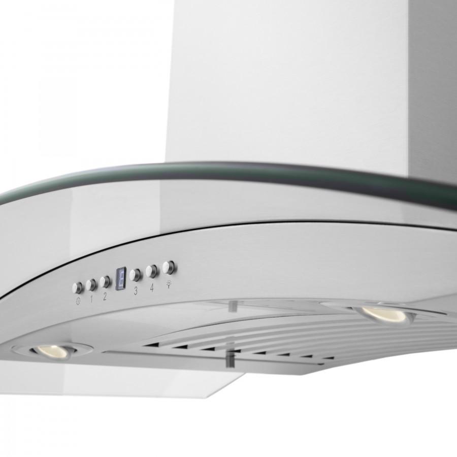 Range hood control panel with illuminated display and stainless steel buttons