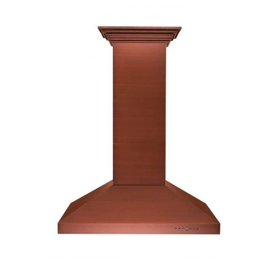 Copper island range hood chimney with wide vent canopy, front edge view on white
