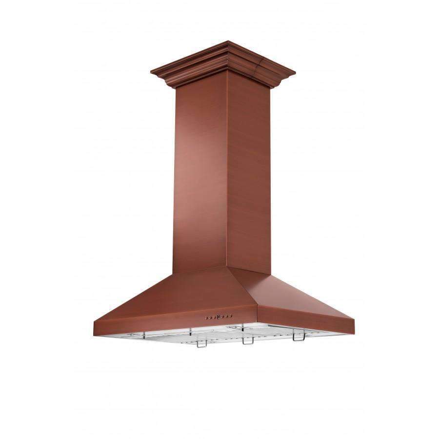 Copper island range hood side view, vented canopy and tall chimney column