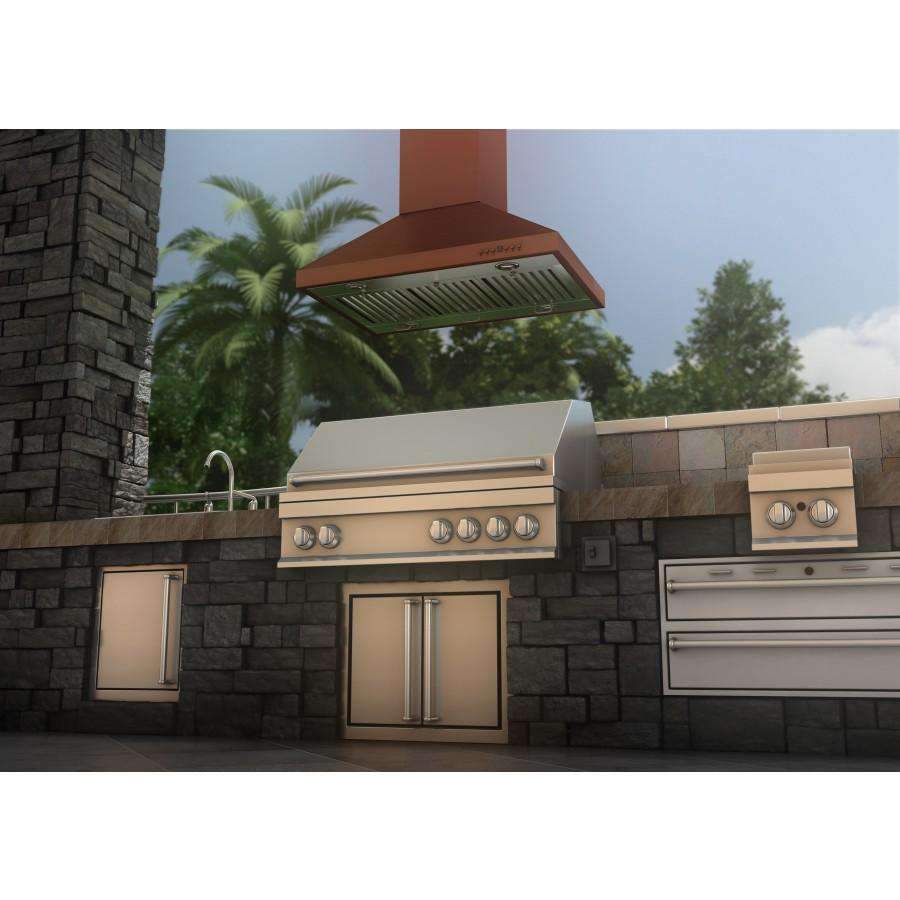 Copper island range hood with chimney and vented canopy, front controls and lights