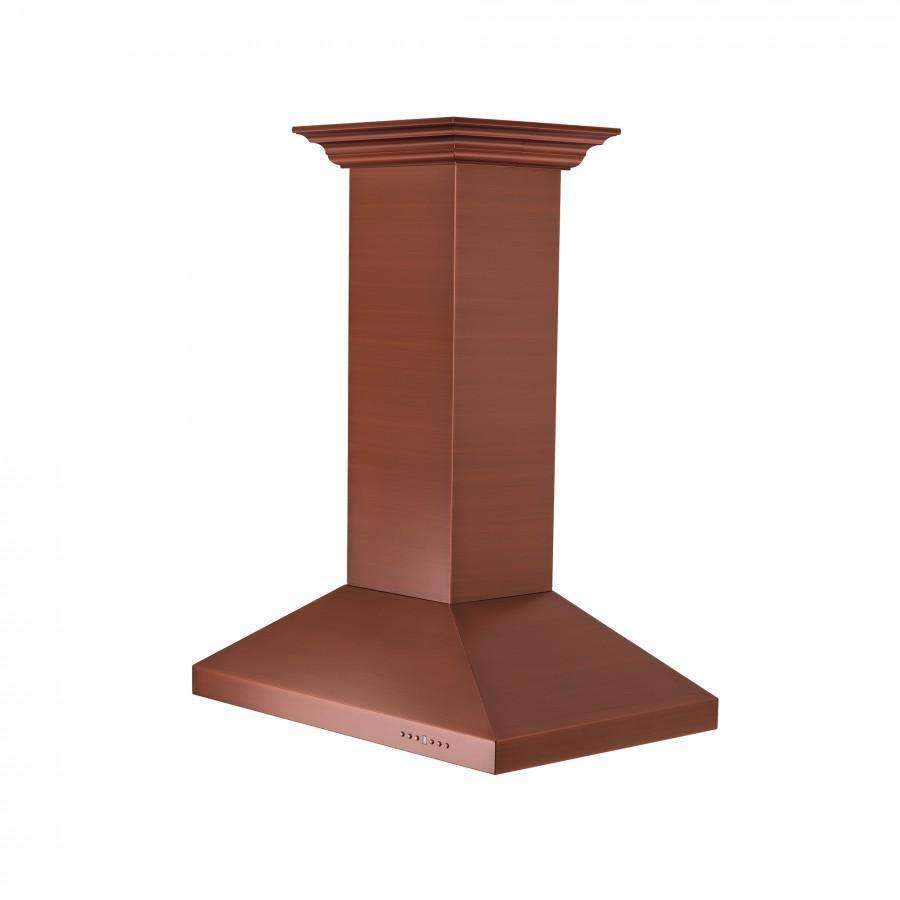 Copper island range hood chimney with flared canopy, top view angle