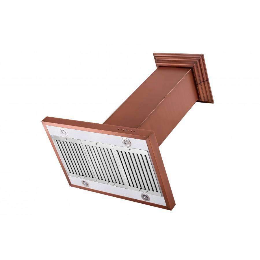 Copper range hood vent panel with front grille and small control knobs