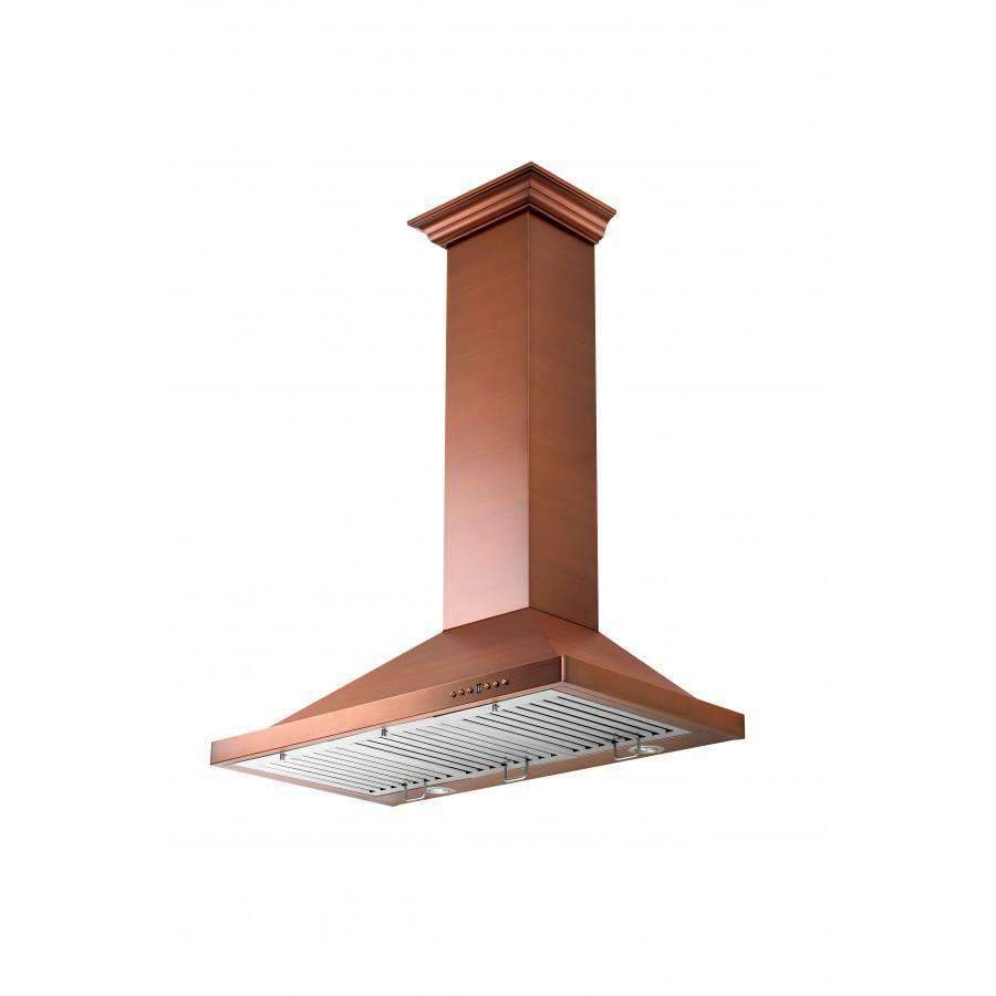 Copper chimney-style wall range hood with vented canopy and side panels.