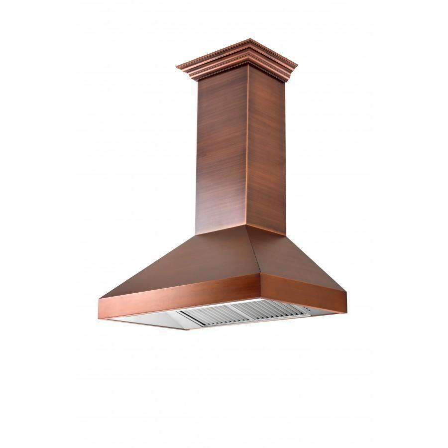 Copper chimney-style wall range hood with crown molding and vent grille, 3/4 view