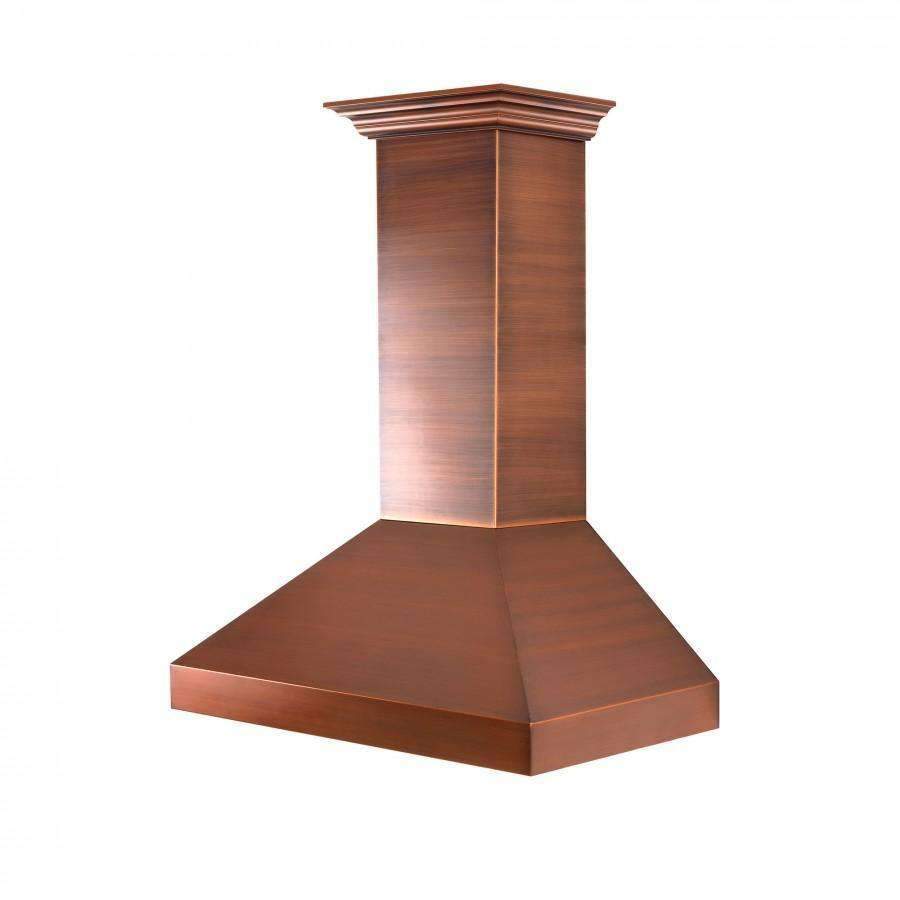 Copper wall range hood with crown molding, wide canopy front view