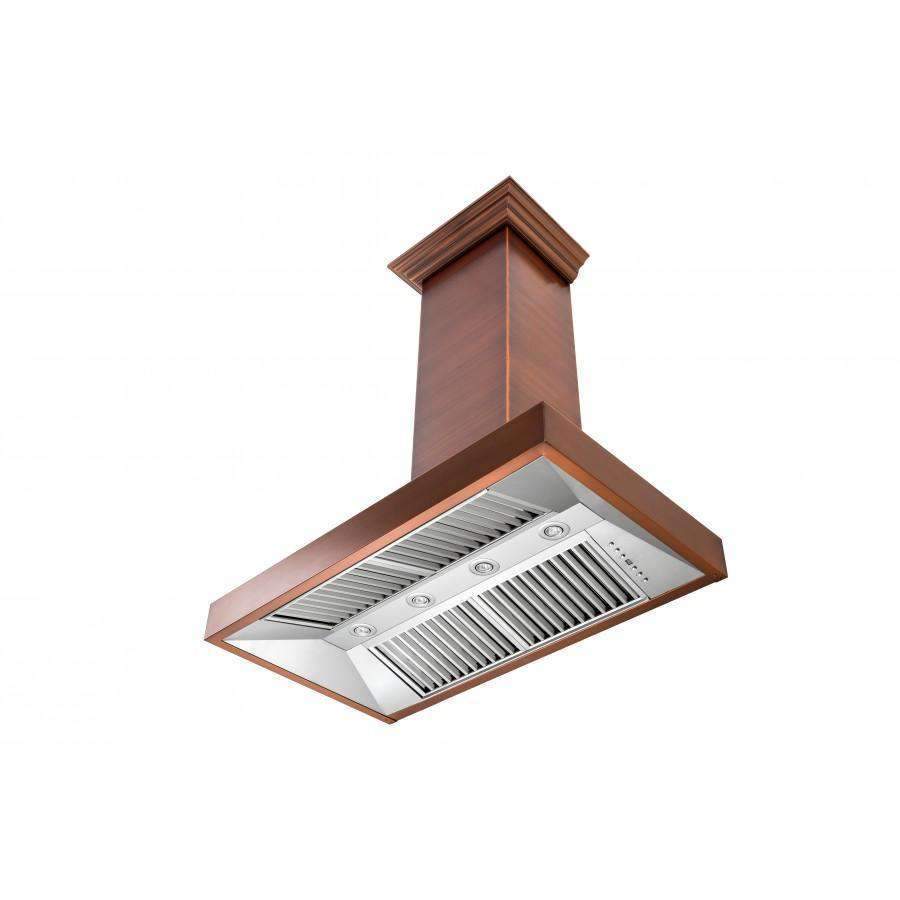 Copper wall range hood with crown molding and stainless vent panel, angled view