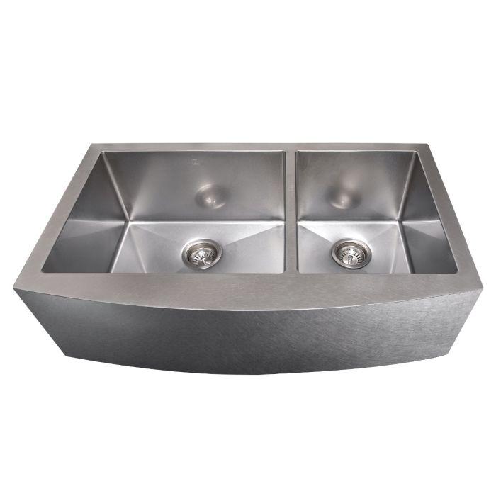 Stainless steel double-bowl apron kitchen sink with two drain openings