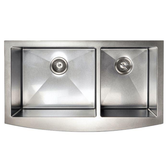 Stainless steel double-bowl apron kitchen sink with two drain strainers