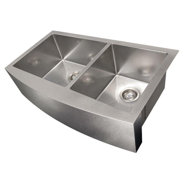 Stainless steel double-bowl apron kitchen sink with angled divider grooves