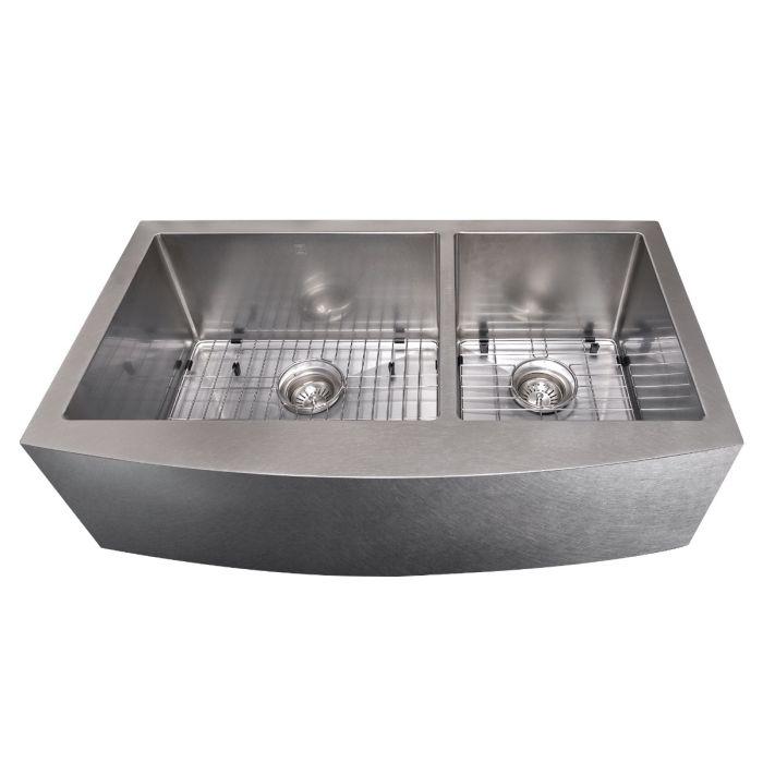 Stainless steel double-bowl apron kitchen sink with two round drain strainers