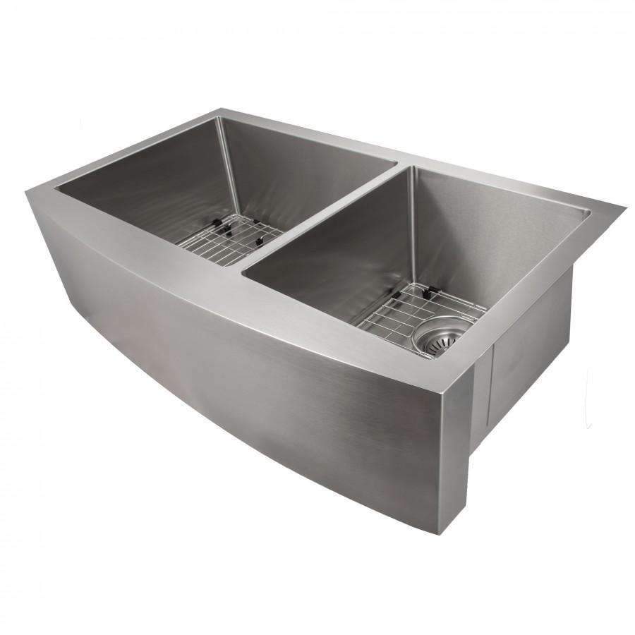 Stainless steel double-basin farmhouse apron sink with bottom grid and drain strainer openings.