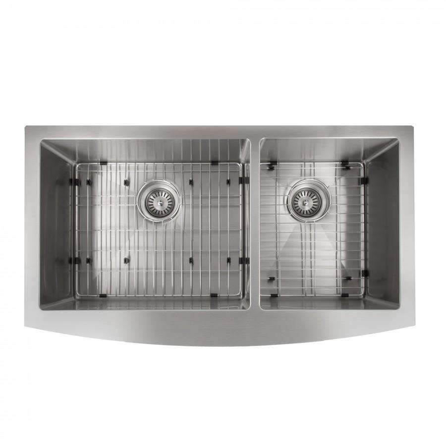 Front view of stainless steel double-basin sink showing two wire racks and drains.