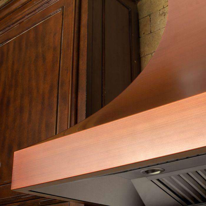Copper hood underside with stainless vent filters and round fan vents