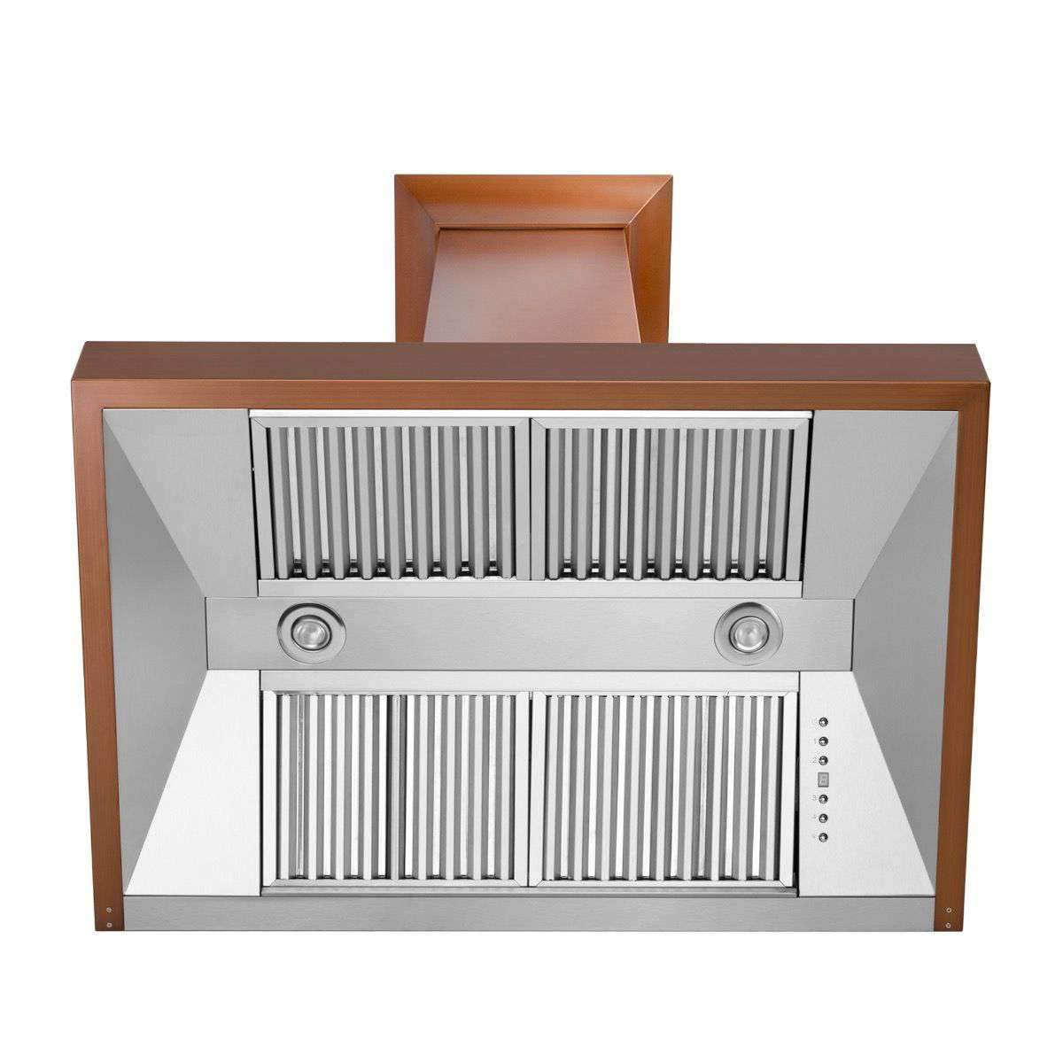 Copper-finish wall range hood, front panel with filter grilles and lights