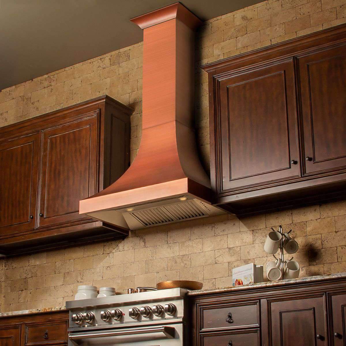 Copper chimney wall range hood with rectangular underside and filters