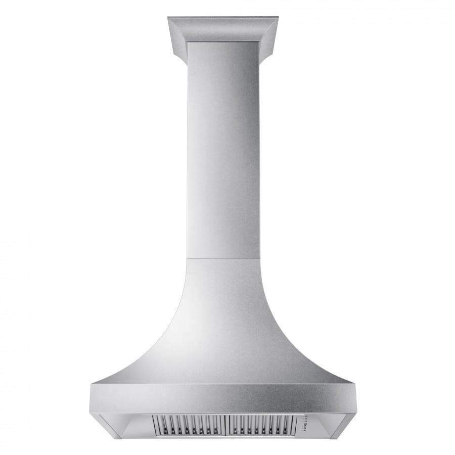 Stainless steel wall range hood with tall chimney and vented canopy