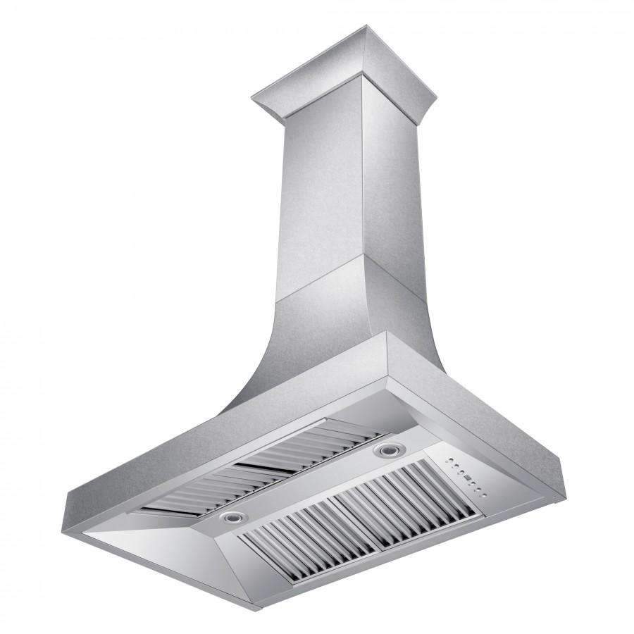 Satin stainless steel wall range hood underside with vented filter grille
