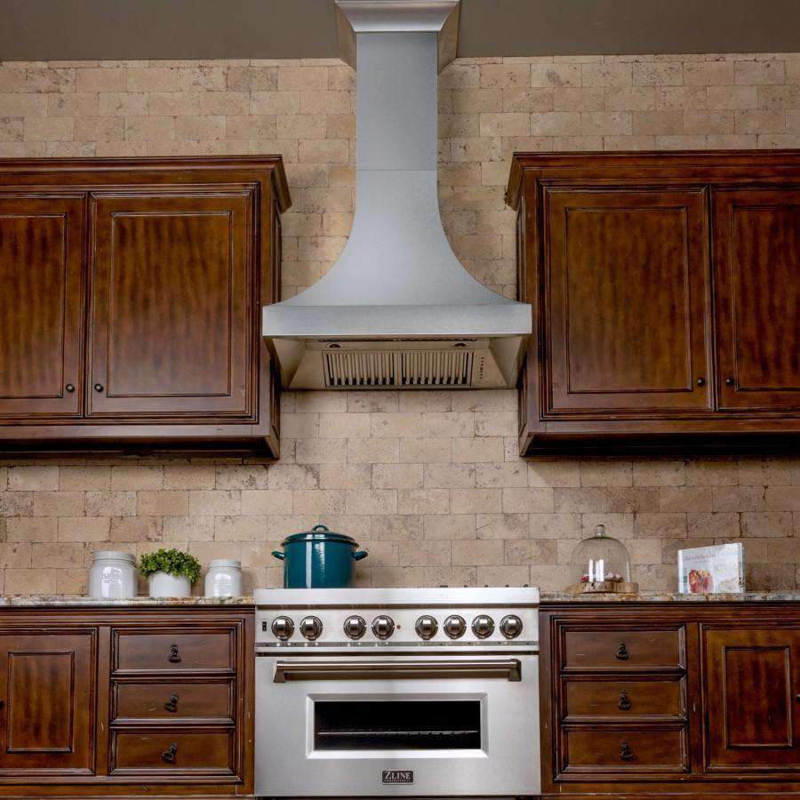 Satin stainless steel chimney-style wall range hood with vented filter housing