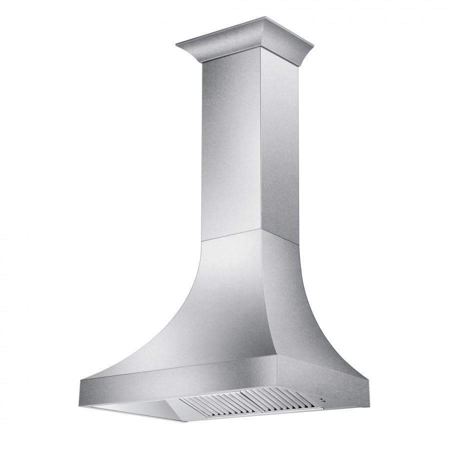 Chimney-style satin stainless steel wall range hood with flared canopy