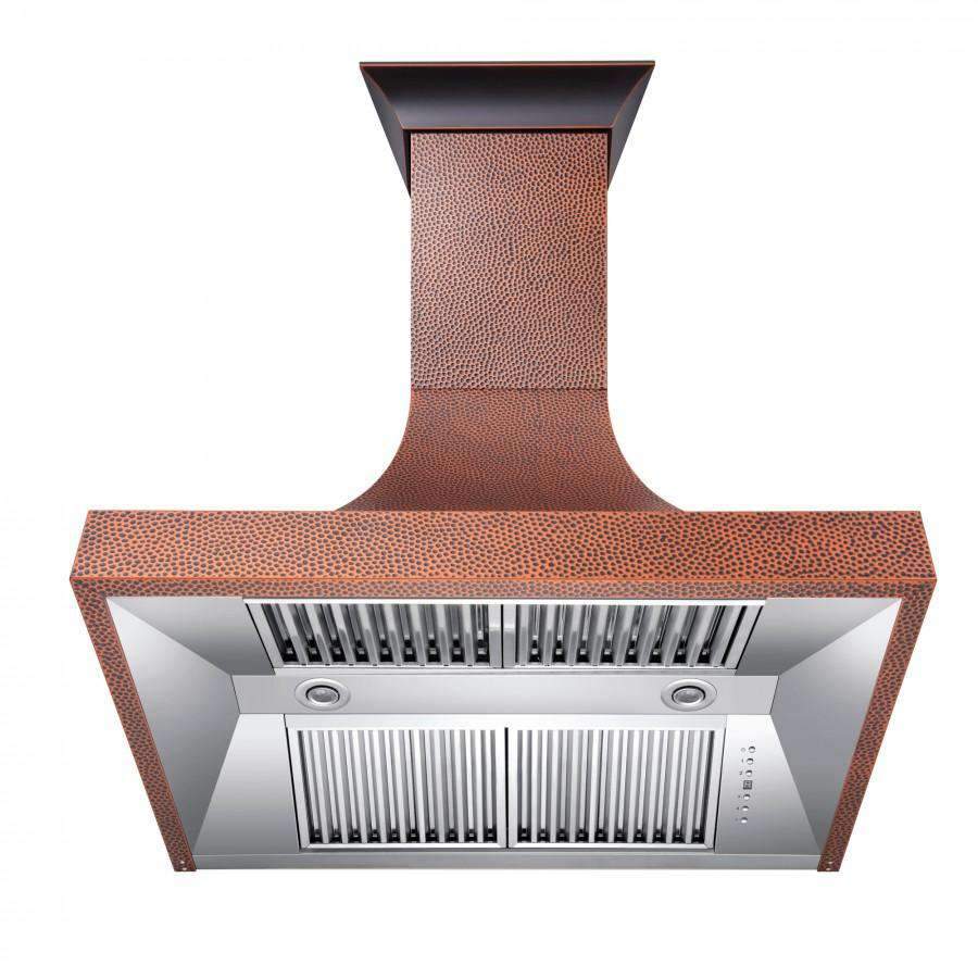 Hand-hammered copper chimney wall range hood with stainless filter grille front