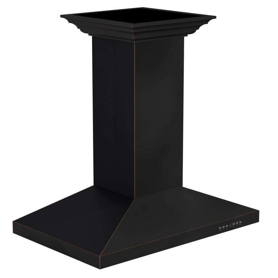 Black island range hood with chimney body and wide, flat canopy