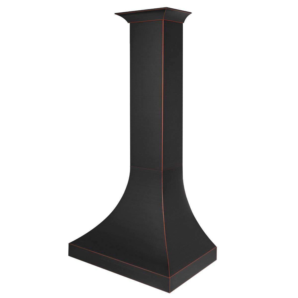 Tall wall range hood chimney with dark finish and thin bronze border lines.