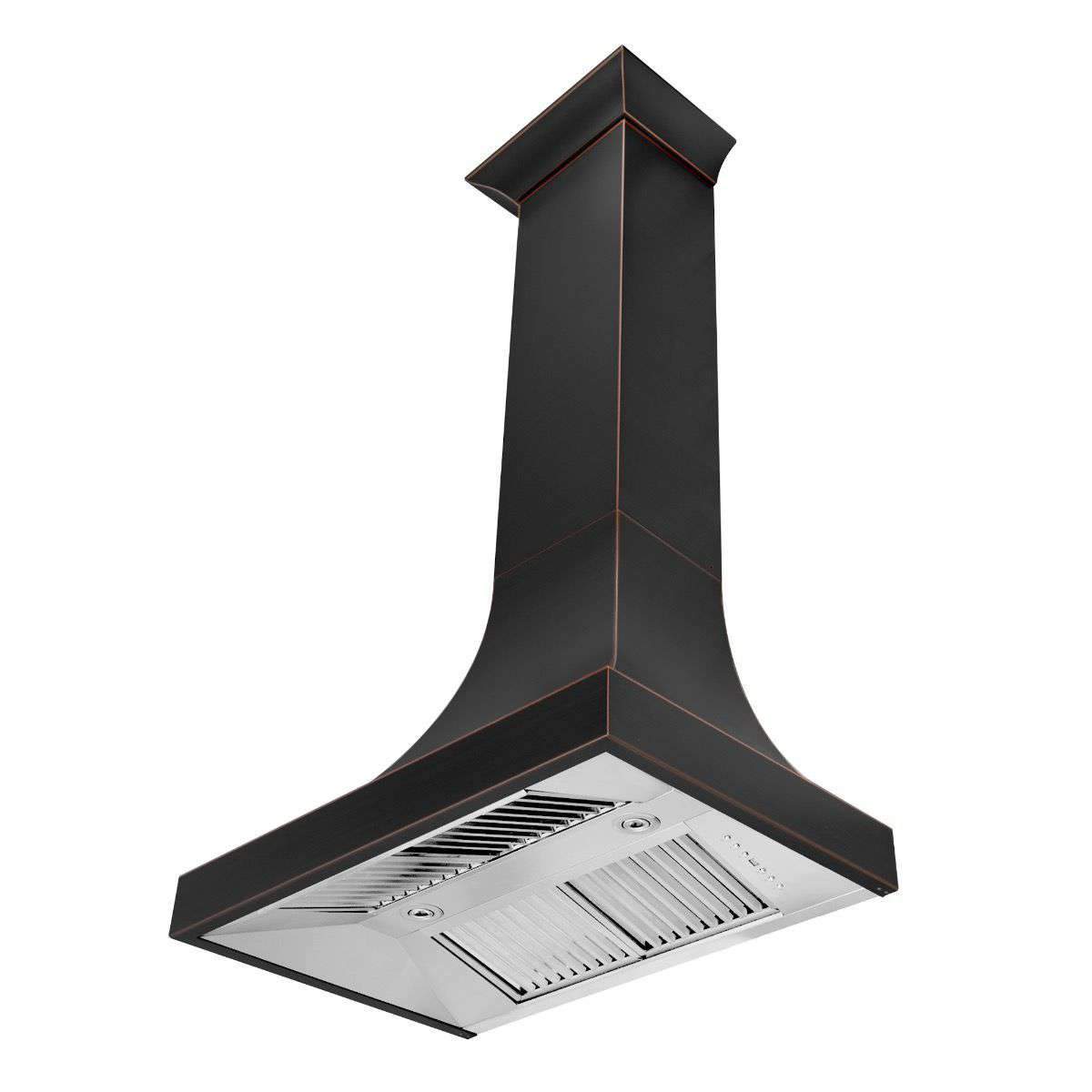 Wall-mount chimney range hood with dark exterior, stainless vent tray, and bronze accents.