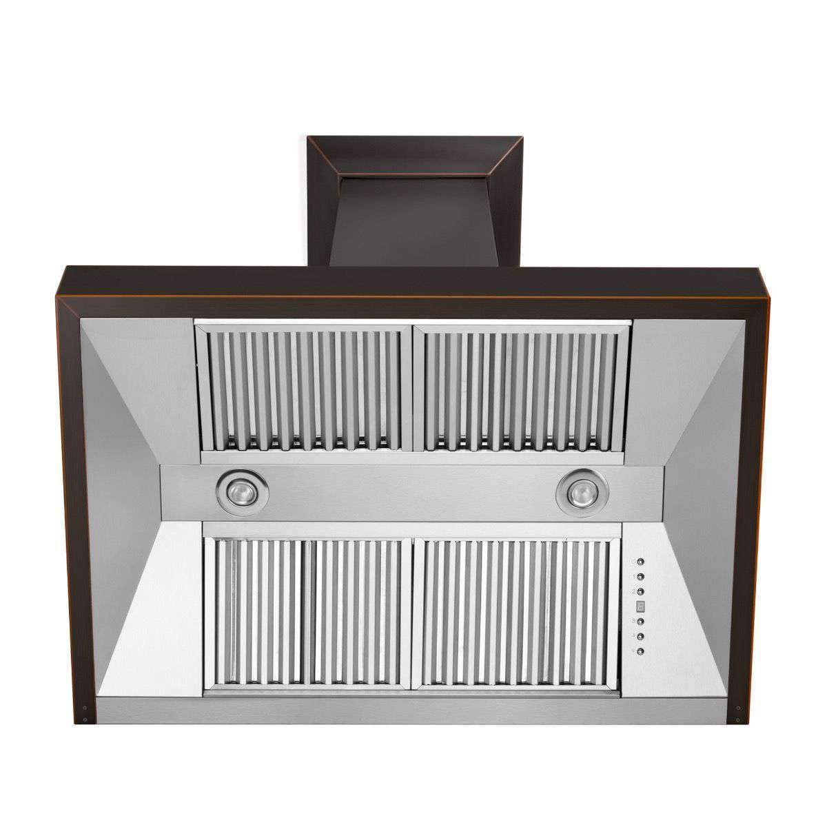 Wall chimney range hood front panel with vent grilles and bronze-trim accents.
