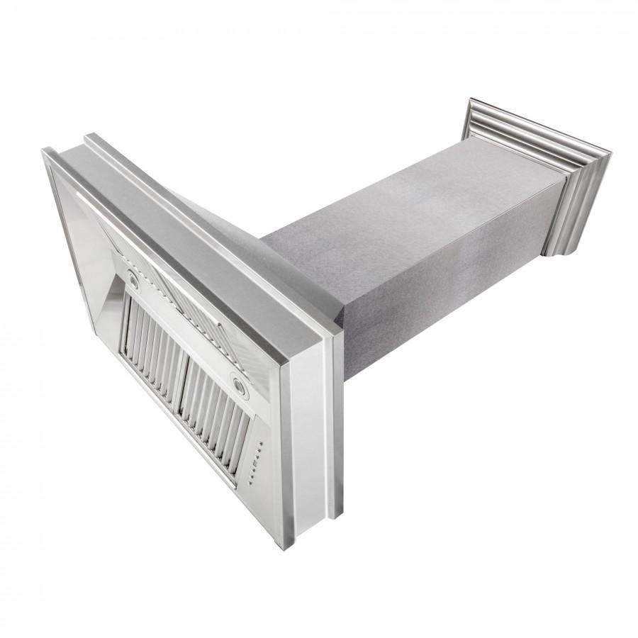 Satin stainless steel chimney-style wall mount range hood in angled view